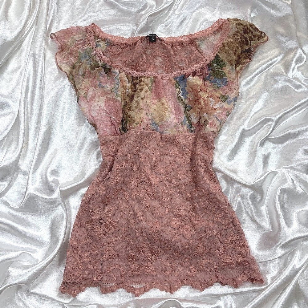 y2k Arden B Top Pink Excellent Floral Lace Sheer Cap Sleeve Fairycore Blouse